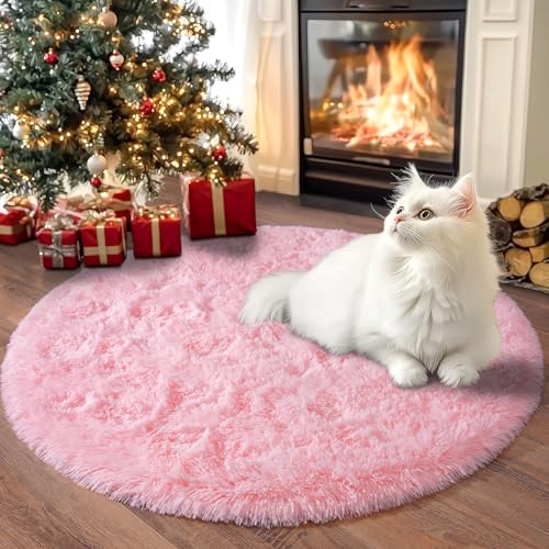 Chicnix Teppich Rund 100 cm Hochflor für Schlafzimmer, Teppich Wohnzimmer Langflor, Moderner Plüsch rutschfest Weich Flauschig Bettvorleger für Kinderzimmer, Rosa von Chicnix