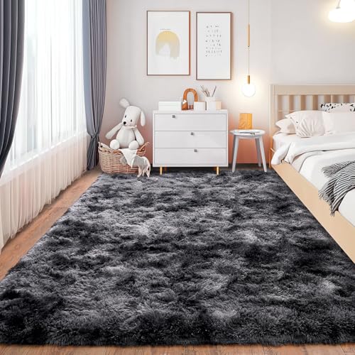 Chicnix Teppich Schlafzimmer 140x200 cm Flauschig, Hochflor Teppich Wohnzimmer Batik Dunkelgrau, Weiche Plüsch rutschfest Shaggy Langflorteppich für Kinderzimmer Heim Dekor von Chicnix