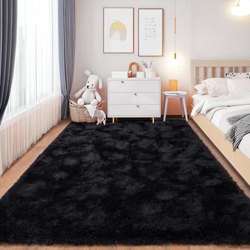 Chicnix Teppich Schlafzimmer 140x200 cm Flauschig, Hochflor Teppich Wohnzimmer Schwarz, Weiche Plüsch rutschfest Shaggy Langflorteppich für Kinderzimmer Heim Dekor von Chicnix