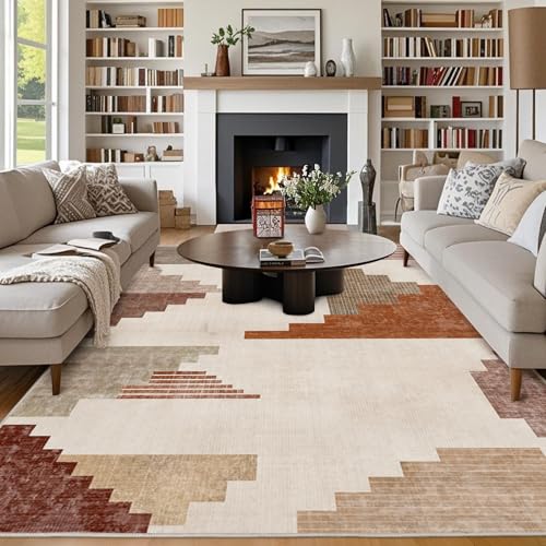 Chicnix Teppich Wohnzimmer 200x300, Großer Teppich Waschbar Kurzflor rutschfest, Moderner Geometrisch Patchwork Muster Design Teppiche für Schlafzimmer Kinderzimmer Büro Esszimmer, Braun Orange von Chicnix