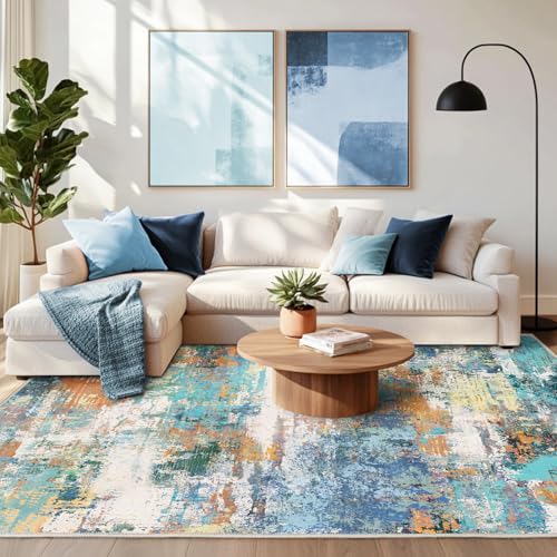 Chicnix Teppich Wohnzimmer Kurzflor, Schlafzimmerteppich Waschbar rutschfest Weich, Moderner Abstraktem Teppich 140x200 für Schlafzimmer Kinderzimmer Büro Esszimmer, Blau Grün Orange von Chicnix