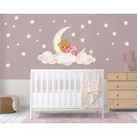 Schlafender Bär Kinderzimmer Wandtattoo, Aquarell Wandbild, Baby Wandkunst, Mond, Sterne von ChicoBumBum