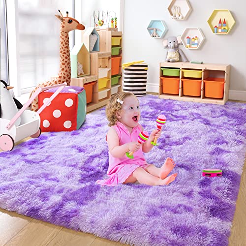 Chicrug Niedlicher violetter Teppich für Mädchenzimmer, 1,5 x 2,4 m, flauschiger Kinderteppich für Zimmerdekoration, Shag weicher Schlafsaal-Teppich, Nachttisch-Teppich für Baby-Kinderzimmer von Chicrug