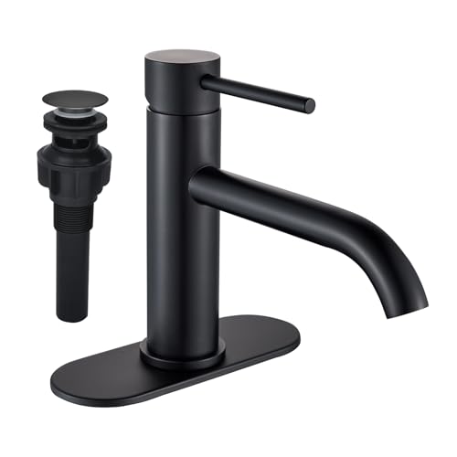 Moderner Waschbeckenarmatur, mattschwarz, Einzelgriff mit Pop-Up-Ablauf, 15,2 cm Deckplatte und CUPC-Wasserversorgungsschlauch, Edelstahlkonstruktion Moderner Waschbeckenarmatur, mattschwarz, Einzelgriff mit Pop-Up-Ablauf, 15,2 cm Deckplatte und CUPC-Wasserversorgungsschlauch, Edelstahlkonstruktion von Chiczam