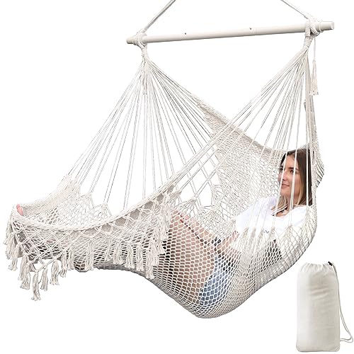 Chihee Hängematte Stuhl Super große Hängesessel Weich gesponnene Baumwolle Seil Weben Stuhl,Hartholz Spreizstange Wide Seat Lace Swing Stuhl Innen Außen Garten Hof Thema Dekoration von Chihee