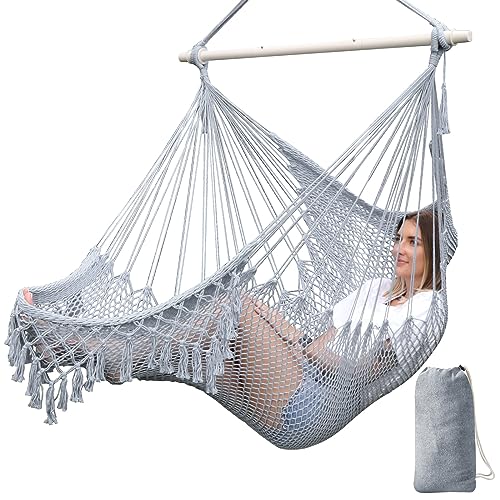 Chihee Hängematte Stuhl Super große Hängesessel Weich gesponnene Baumwolle Seil Weben Stuhl,Hartholz Spreizstange Wide Seat Lace Swing Stuhl Innen Außen Garten Hof Thema Dekoration von Chihee