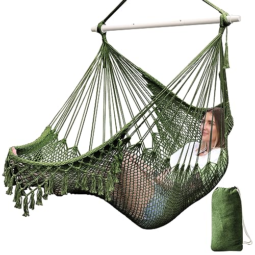 Chihee Hängesessel Große Hängematte Stuhl Weich gesponnene Baumwolle Seil Weben Stuhl,Starke Spreizstange aus Metall Breite Sitzfläche Spitze Schaukel Stuhl Innen Außen Garten Hof Thema Dekoration von Chihee