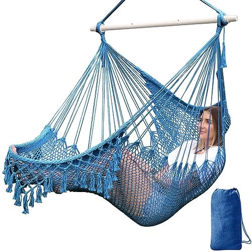 Chihee Hängematte Stuhl Super große Hängesessel Weich gesponnene Baumwolle Seil Weben Stuhl,Hartholz Spreizstange Wide Seat Lace Swing Stuhl Innen Außen Garten Hof Thema Dekoration von Chihee