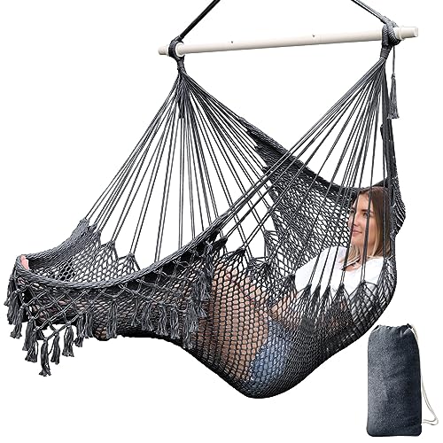 Chihee Hängematte Stuhl Super große Hängesessel Weich gesponnene Baumwolle Seil Weben Stuhl,Hartholz Spreizstange Wide Seat Lace Swing Stuhl Innen Außen Garten Hof Thema Dekoration von Chihee