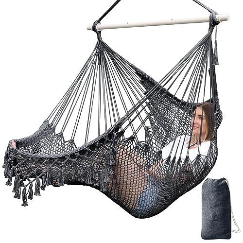 Chihee Hängesessel Große Hängematte Stuhl Weich gesponnene Baumwolle Seil Weben Stuhl,Starke Spreizstange aus Metall Breite Sitzfläche Spitze Schaukel Stuhl Innen Außen Garten Hof Thema Dekoration von Chihee