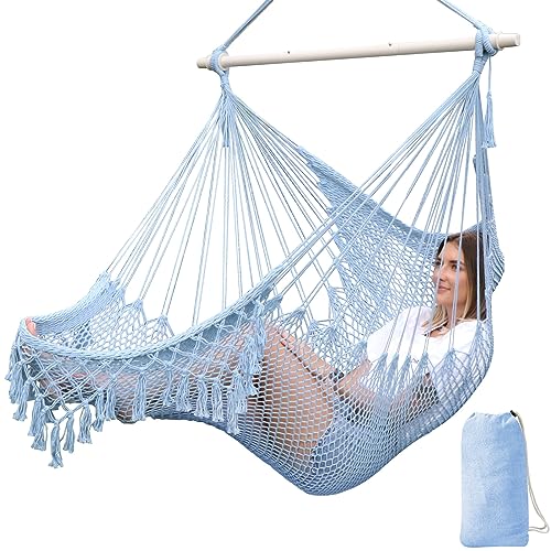 Chihee Hängematte Stuhl Super große Hängesessel Weich gesponnene Baumwolle Seil Weben Stuhl,Hartholz Spreizstange Wide Seat Lace Swing Stuhl Innen Außen Garten Hof Thema Dekoration von Chihee