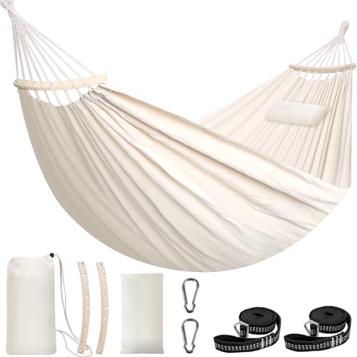 Chihee Hängematte aus Baumwolle weiche 300x150cm, atmungsaktive Camping-Hängematte Tragkraft bis zu 300 kg Tragbare Baumhängematten mit Abnehmbarer Spreizstange Kissen2 Starke Gurte 2 Karabinerhak von Chihee
