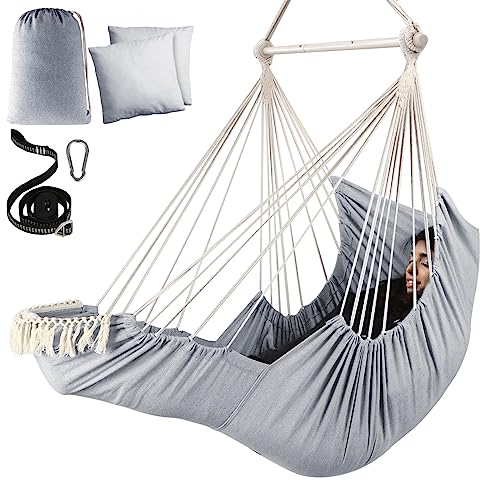 Chihee Hängesessel Hängende Schaukel 2 Kissen Enthalten,Langlebige Spreizstange Hängesessel aus Baumwollgewebe Seitentasche Großes Quastenstuhl-Set Fußstützenstütze Unterschenkel Fuß Komfortabel von Chihee