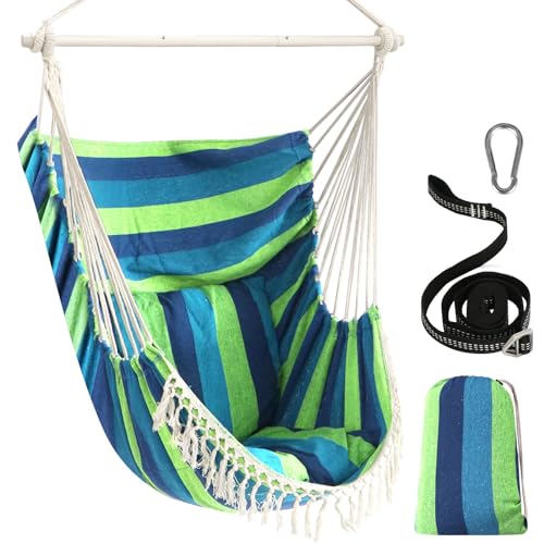 Chihee Hängesessel Hängeschaukel Maximal 500 Pfund Inklusive 2 Kissen Stahl Spreizstange mit Metall Tragbarer Hängesessel Seitentasche Großer Macrame Bohemian Stuhl Innen Außen von Chihee