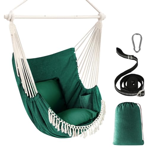 Chihee Hängesessel Hängeschaukel Maximal 500 Pfund Inklusive 2 Kissen Stahl Spreizstange mit Metall Tragbarer Hängesessel Seitentasche Großer Macrame Bohemian Stuhl Innen Außen von Chihee