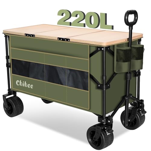 Chihee Handwagen Gartenwagen Zusammenklappbar Außenbereich Dienstprogramm Wagen,Strandwagen 220L,Hochbelastbar Tragbar All Terrain Räder Übergroße Tasche 1 klappbarer Schreibtisch 2 Getränkehalter von Chihee