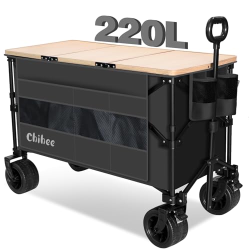 Chihee Handwagen Gartenwagen Zusammenklappbar Außenbereich Dienstprogramm Wagen,Strandwagen 220L,Hochbelastbar Tragbar All Terrain Räder Übergroße Tasche 1 klappbarer Schreibtisch 2 Getränkehalter von Chihee