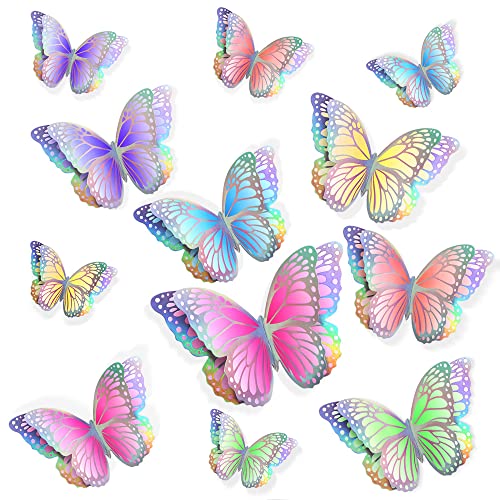 18 Stück 3D-Schmetterlings-Wanddekoration, holografische Glitzer-Schmetterlings-Wandaufkleber, 3 Größen, abnehmbare Aufkleber, Schmetterlingsdekorationen, Wandaufkleber, Kunstdekoration von Chihutown