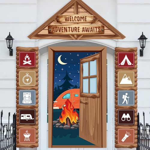 Chiisong 4 Stück Camping-Party-Dekorationen, Holzhütte, Abenteuer, Markise, hängende Banner, Camping-Türbanner, Veranda, Schild, Dekorationsset für Camper, Thema, Geburtstag, Klassenzimmer, Dekoration von Chiisong
