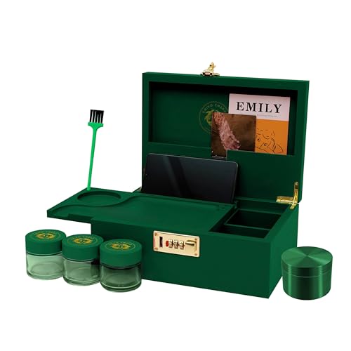 Chiko Chako® Premium Bambus Box – Abschließbare Holzbox mit Zahlenschloss inkl. Kräutermühle Zubehör & 3 Vorratsgläsern | Geschenkset für den Freund | Grün von Chiko Chako