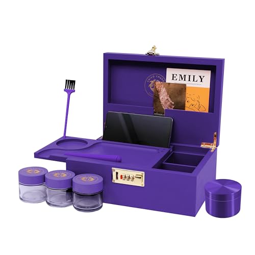 Chiko Chako® Premium Bambus Box – Abschließbare Holzbox mit Zahlenschloss inkl. Kräutermühle Zubehör & 3 Vorratsgläsern | Lila von Chiko Chako