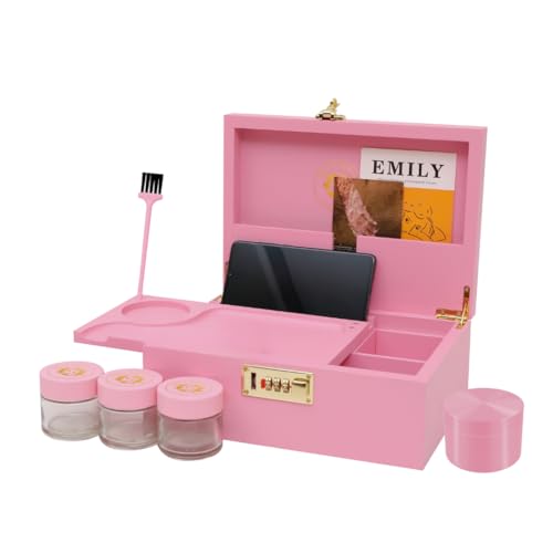 Chiko Chako® Premium Bambus Box – Abschließbare Holzbox mit Zahlenschloss inkl. Kräutermühle Zubehör & 3 Vorratsgläsern | Pink von Chiko Chako