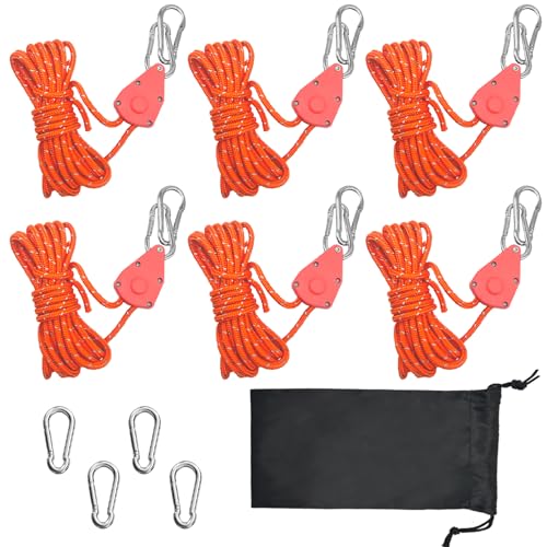 ChilArt 6 Stück Abspannseile mit Seilspanner,4m einstellbare seilratsche mit Haken,4mm Reflektierend Leichte Abspannleine Zeltschnur,für Campingzelte,Sonnensegel, Pflanzenlampe, Grow Light(Orange) von ChilArt