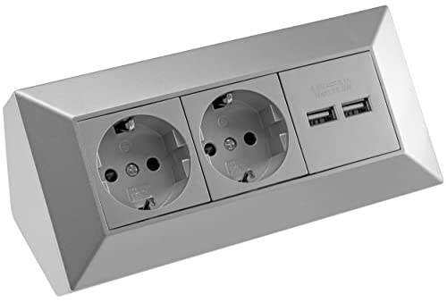 ChiliTec Steckdosenblock Ecksteckdose 2-Fach Steckdose 2X USB - 230V Mehrfachsteckdose Aufbau- & Unterbau Montage in Küche Büro Werkstatt Silber Grau von ChiliTec