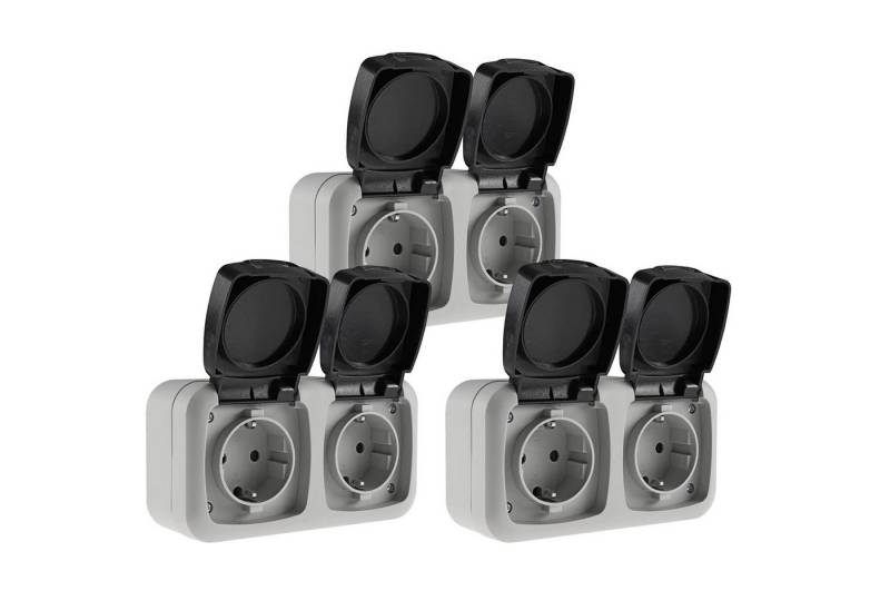 ChiliTec Aufputz-Steckdose 3er Set IP44 Feuchtraum Doppelsteckdose 2-fach Steckdose Grau, 3-St., horizontal, wetterbeständig von ChiliTec