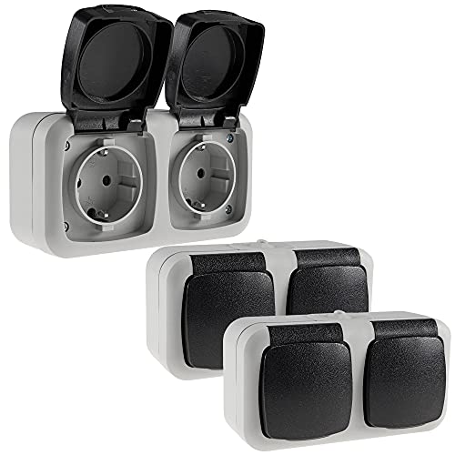 ChiliTec Aufputzsteckdose 3er Pack Feuchtraum-Steckdose 2-Fach - Doppel-Steckdose IP44 Aussen-Steckdose 250V 16A Klappdeckel vorverdrahtet Grau Anthrazit von ChiliTec