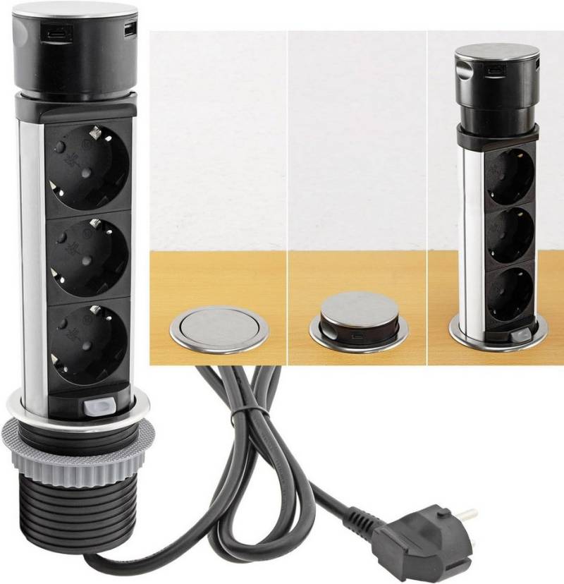 ChiliTec Schreibtisch-Einbausteckdose 3x + 1xUSB A+C versenkbar, Edelstahl, Mehrfachsteckdose von ChiliTec