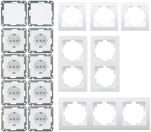 ChiliTec Steckdose Schalter Unterputz DELPHI PRO Set - 8 x Steckdose, 2 x Schalter mit Rahmen I Installation per Steckklemme Weiß von ChiliTec