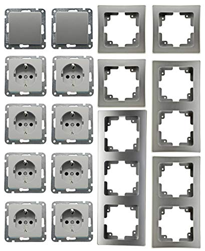 DELPHI Steckdose Schalter Unterputz Komplett Set 2x Wechselschalter Rahmen 8x Steckdosen mit erhöhtem Berührungsschutz Grau Silber von ChiliTec