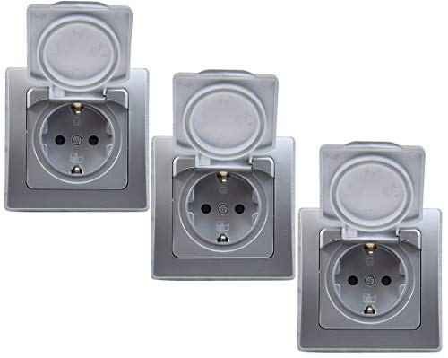 DELPHI Steckdose Unterputz IP44 3x Feuchtraum-Steckdose mit Schutz-Deckel - mit Gummidichtung für Innen Aussen - Küche Bad Terrasse Balkon - Grau Silber von ChiliTec