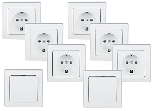 ChiliTec Steckdose Schalter Unterputz DELPHI Set - 6 x Steckdose, 2 x Schalter mit Rahmen Schutzkontaktsteckdose Weiß von ChiliTec