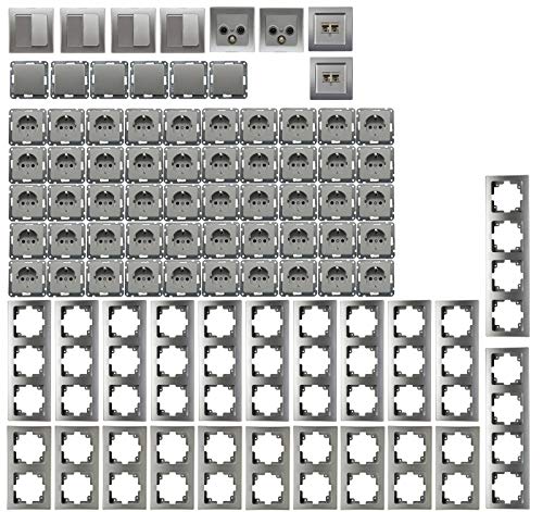 DELPHI Steckdosen Schalter Unterputz KomplettSet 94-teilig I Mit 50x Steckdosen 10x Schalter Netzwerk TV Antenne UP Einbau I Silber Grau von ChiliTec