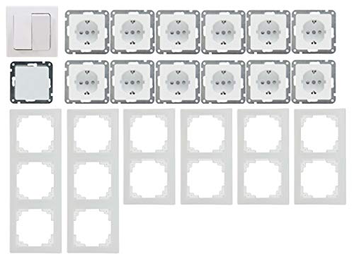 Delphi Steckdose Schalter Unterputz Set 21-teilig I 12 Steckdosen Lichtschalter Rahmen 230V Einbau I Weiß von ChiliTec