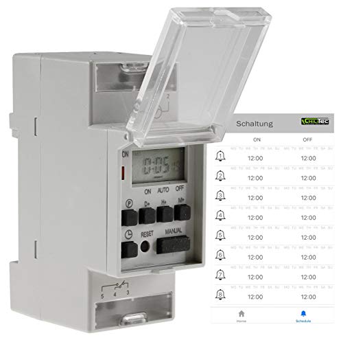 Digitale Zeitschaltuhr für Hutschiene Schalttafel Einstellung per APP Bluetooth 230V / 8A Zeitschalter Timer LC-Display Programmierbar für Woche/Tag von ChiliTec