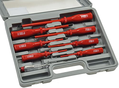 Elektro Schraubendreher-Satz 8-teilig 4x Schlitz 3x Kreuz + 1x Phasenprüfer Isolierter Schaft Spannungsfest bis 1000V mit Transportkoffer von ChiliTec