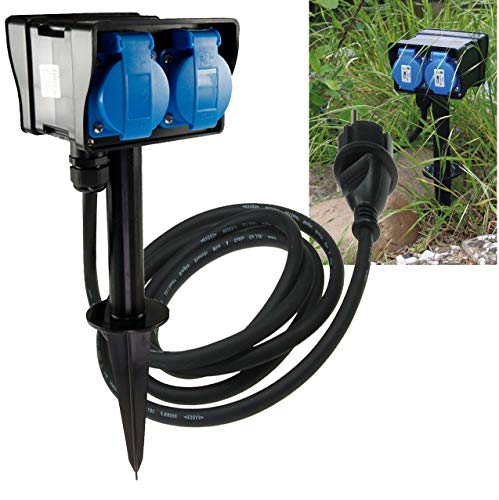 Gartensteckdose 4-fach 230V Aussensteckdose mit Erdspieß IP44 2m Kabel Gummischlauchleitung mit Klappdeckel I Gartenbeleuchtung Wetterfest von ChiliTec