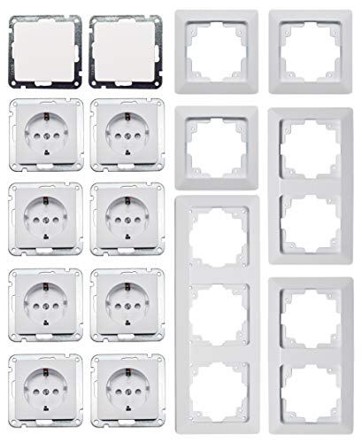 MILOS Steckdose Schalter Komplettset 8x Steckdose 2x Schalter Klemmanschluss mit Rahmen Weiß Matt von ChiliTec
