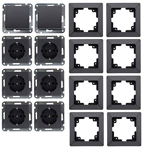 MILOS Steckdose Schalter Set - 6x Steckdose 2x Schalter Klemmanschluss I 8 Unterputz Komponenten mit 1-fach Rahmen für Kombination Anthrazit von ChiliTec