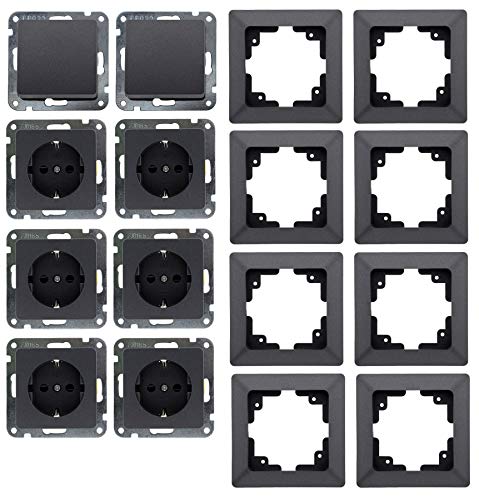 MILOS Steckdose Schalter Set - 6x Steckdose 2x Schalter Klemmanschluss I 8 Unterputz Komponenten mit 1-fach Rahmen für Kombination Anthrazit MILOS Steckdose Schalter Set - 6x Steckdose 2x Schalter Klemmanschluss I 8 Unterputz Komponenten mit 1-fach Rahmen für Kombination Anthrazit von ChiliTec