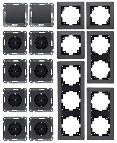 MILOS Steckdose Schalter Set - 8x Steckdose 2x Schalter Klemmanschluss I 10 Unterputz Komponenten mit 1-fach 2-fach 3-fach Rahmen für Kombination Anthrazit von ChiliTec