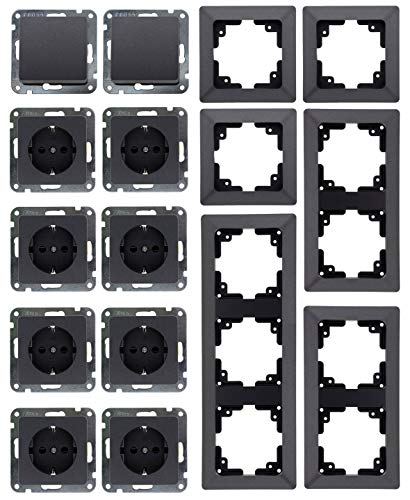 MILOS Steckdose Schalter Set - 8x Steckdose 2x Schalter Klemmanschluss I 10 Unterputz Komponenten mit 1-fach 2-fach 3-fach Rahmen für Kombination Anthrazit MILOS Steckdose Schalter Set - 8x Steckdose 2x Schalter Klemmanschluss I 10 Unterputz Komponenten mit 1-fach 2-fach 3-fach Rahmen für Kombination Anthrazit von ChiliTec