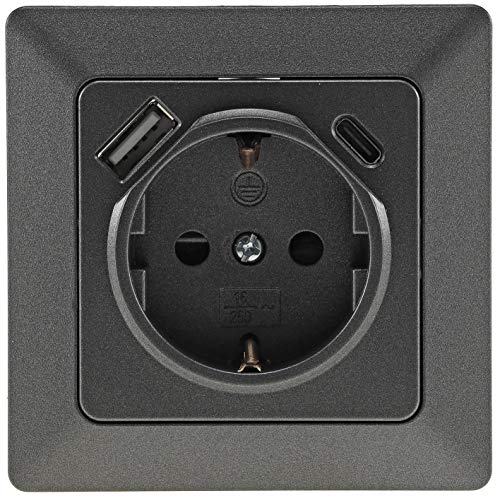 ChiliTec Steckdose mit USB-C MILOS Unterputz 250V / 16A UP-Steckdose Klemmanschluss Schutzkontakt-Steckdose mit erhöhtem Berührungsschutz USB-A Anthrazit von ChiliTec