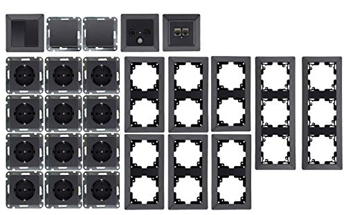 MILOS Steckdosen Schalter Unterputz Komplettset 28-teilig Steckdose Lichtschalter Netzwerk TV Antenne für Wohnzimmer, Büro Anthrazit MILOS Steckdosen Schalter Unterputz Komplettset 28-teilig Steckdose Lichtschalter Netzwerk TV Antenne für Wohnzimmer, Büro Anthrazit von ChiliTec