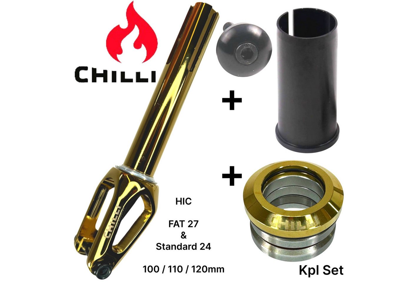 Chilli Stuntscooter Chilli Pro Scooters Slim Cut Stunt-Scooter Fork HIC Kit + Headset Gold von Chilli