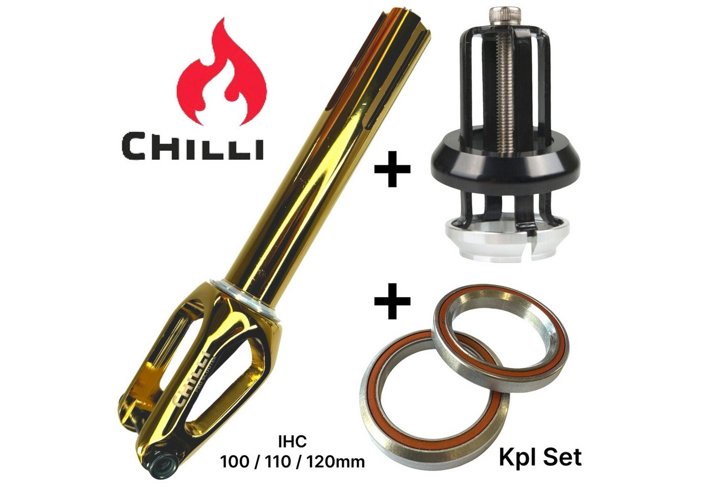 Chilli Stuntscooter Chilli Pro Scooters Slim Cut Stunt-Scooter Fork IHC Kit+ Headset Gold von Chilli