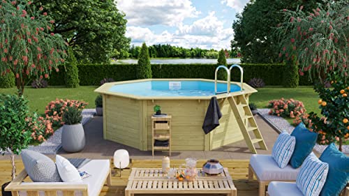 CHILLROI® Achteckiger Holzpool 357,5 x 357,5 x 124 cm, Modell 1 X Folie blau Inkl. Zubehör und Pool Leitern von Chillroi